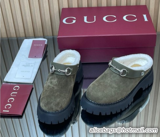 Super Quality Gucci Suede and Wool Mule with Horsebit 835829 Green 1020051