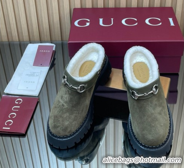 Super Quality Gucci Suede and Wool Mule with Horsebit 835829 Green 1020051