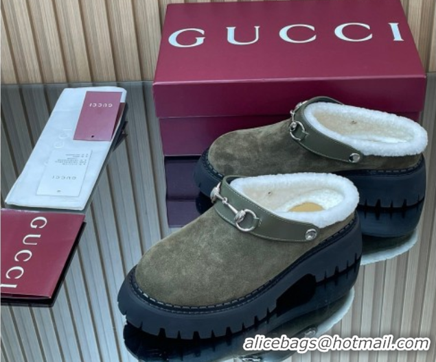 Super Quality Gucci Suede and Wool Mule with Horsebit 835829 Green 1020051