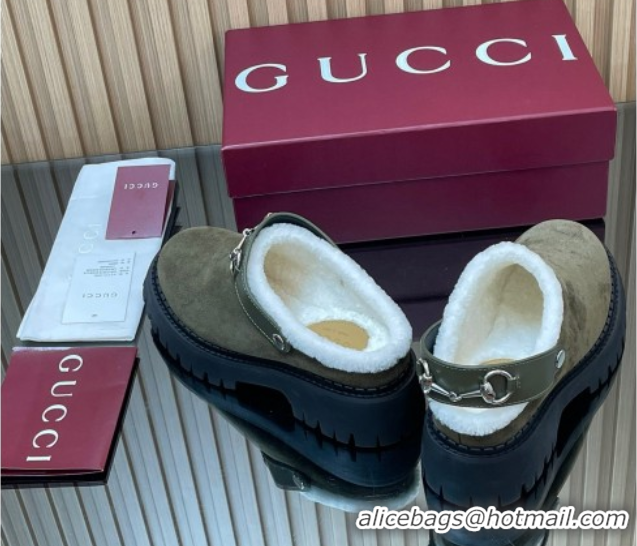 Super Quality Gucci Suede and Wool Mule with Horsebit 835829 Green 1020051