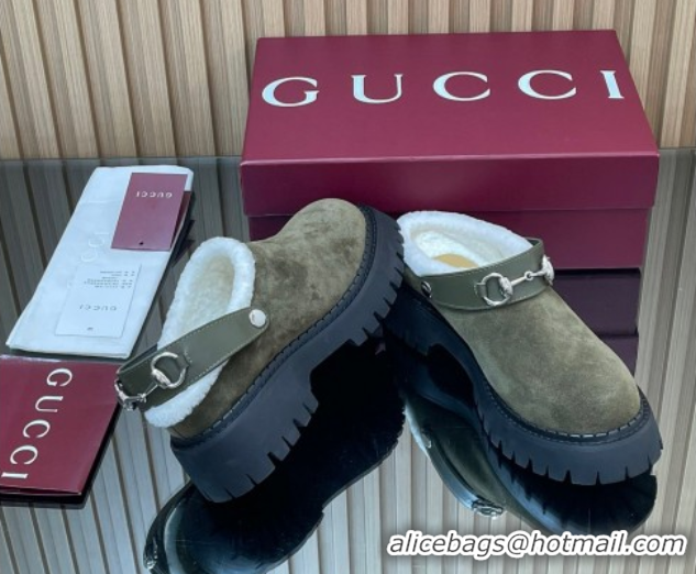 Super Quality Gucci Suede and Wool Mule with Horsebit 835829 Green 1020051
