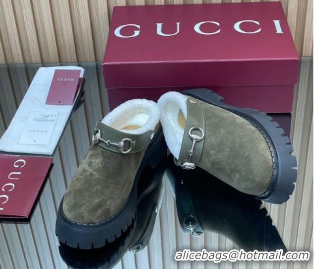 Super Quality Gucci Suede and Wool Mule with Horsebit 835829 Green 1020051
