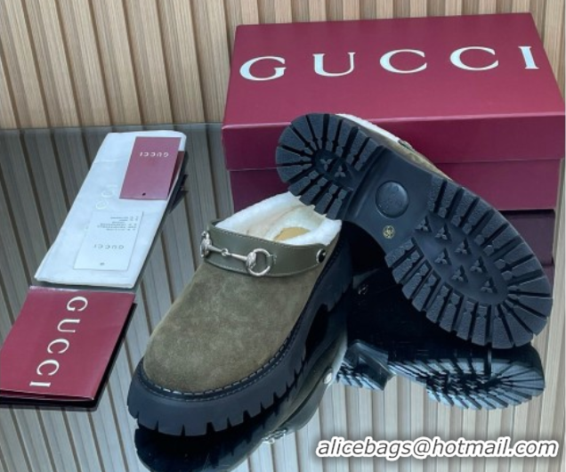 Super Quality Gucci Suede and Wool Mule with Horsebit 835829 Green 1020051