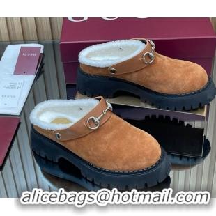 Popular Style Gucci Suede and Wool Mule with Horsebit 835829 Brown Yellow 1020052