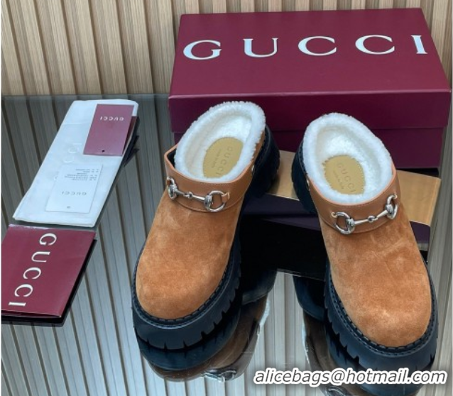 Popular Style Gucci Suede and Wool Mule with Horsebit 835829 Brown Yellow 1020052