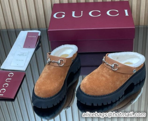 Popular Style Gucci Suede and Wool Mule with Horsebit 835829 Brown Yellow 1020052