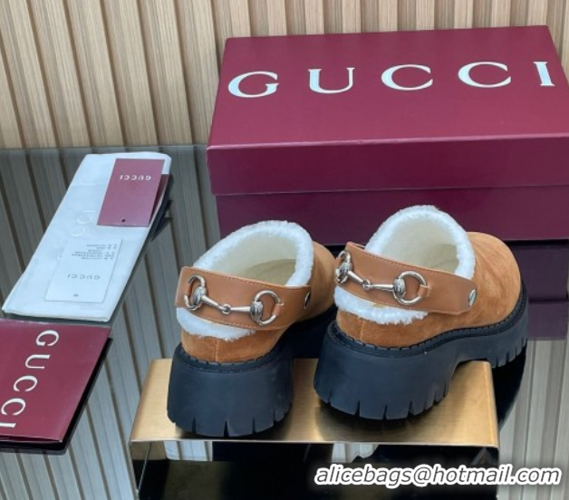 Popular Style Gucci Suede and Wool Mule with Horsebit 835829 Brown Yellow 1020052
