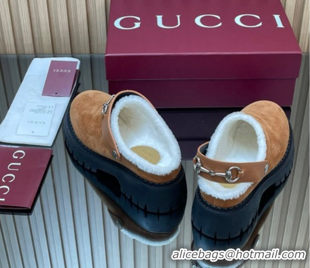 Popular Style Gucci Suede and Wool Mule with Horsebit 835829 Brown Yellow 1020052
