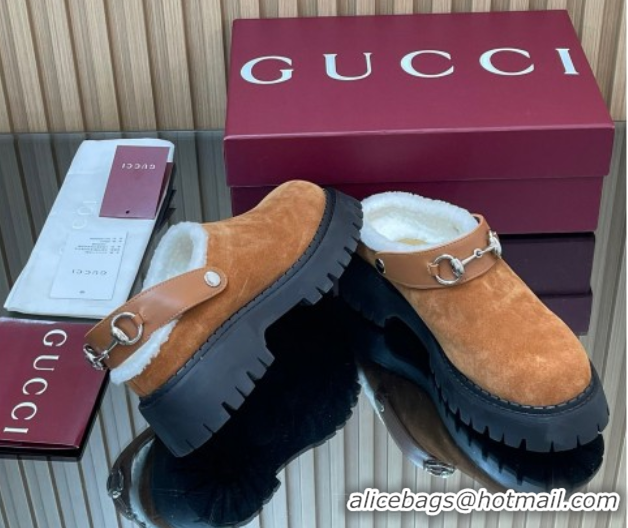Popular Style Gucci Suede and Wool Mule with Horsebit 835829 Brown Yellow 1020052