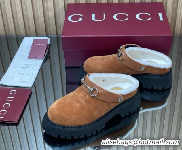 Popular Style Gucci Suede and Wool Mule with Horsebit 835829 Brown Yellow 1020052