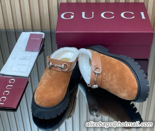 Popular Style Gucci Suede and Wool Mule with Horsebit 835829 Brown Yellow 1020052