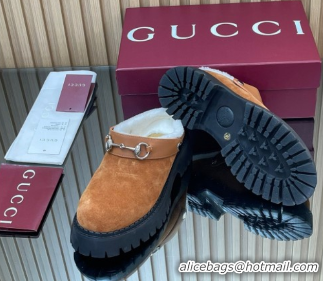 Popular Style Gucci Suede and Wool Mule with Horsebit 835829 Brown Yellow 1020052