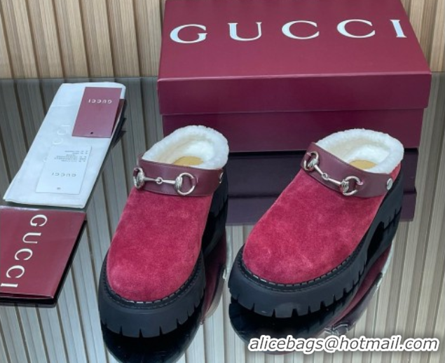 Best Luxury Gucci Suede and Wool Mule with Horsebit 835829 Red 1020053