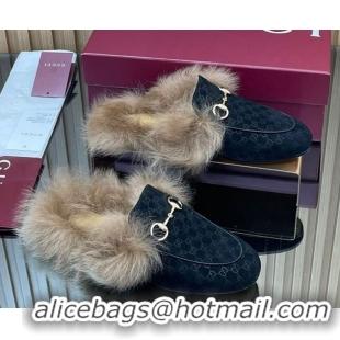 Good Quality Gucci Jordaan GG Suede and Wool Flat Slipper with Horsebit Black GG102003 1020054