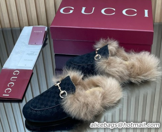 Good Quality Gucci Jordaan GG Suede and Wool Flat Slipper with Horsebit Black GG102003 1020054