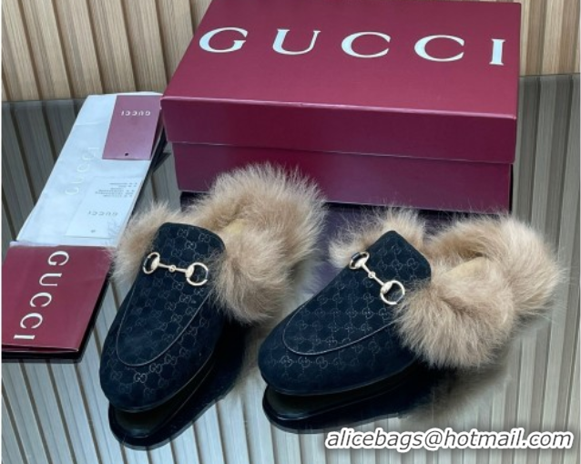 Good Quality Gucci Jordaan GG Suede and Wool Flat Slipper with Horsebit Black GG102003 1020054
