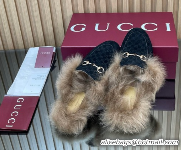 Good Quality Gucci Jordaan GG Suede and Wool Flat Slipper with Horsebit Black GG102003 1020054