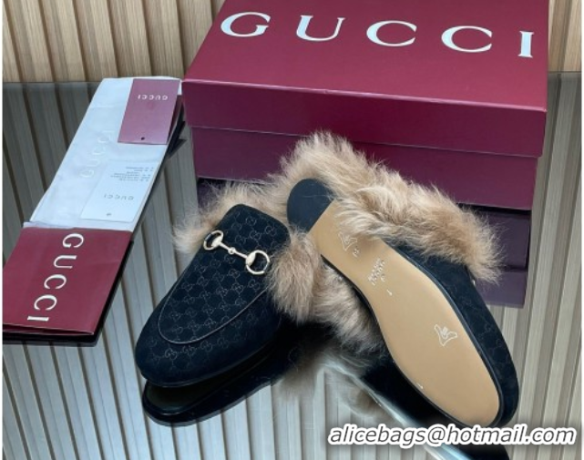 Good Quality Gucci Jordaan GG Suede and Wool Flat Slipper with Horsebit Black GG102003 1020054