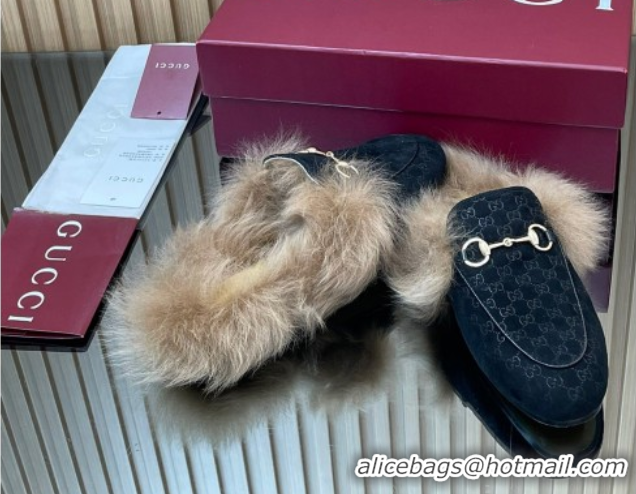 Good Quality Gucci Jordaan GG Suede and Wool Flat Slipper with Horsebit Black GG102003 1020054