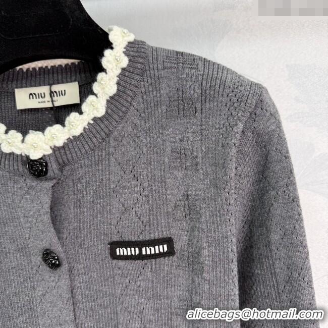 Reasonable Price Miu Miu Wool Knit Cardigan with Bloom 4004 Grey 2025
