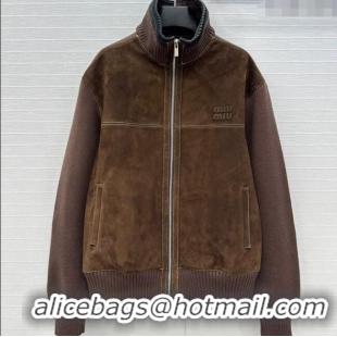Super Quality Miu Miu Sheepskin Suede and Knit Jacket 0814 Dark Brown 2025