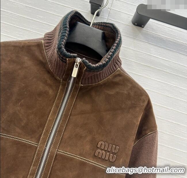Super Quality Miu Miu Sheepskin Suede and Knit Jacket 0814 Dark Brown 2025