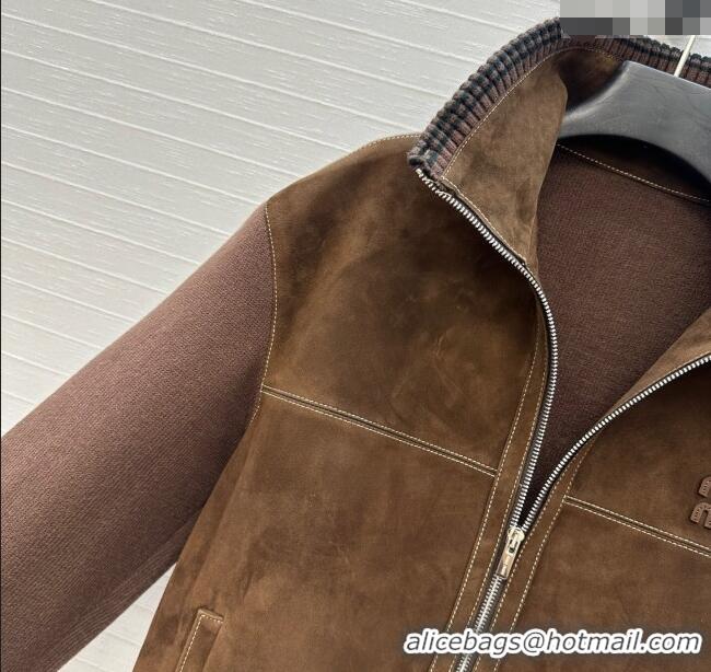 Super Quality Miu Miu Sheepskin Suede and Knit Jacket 0814 Dark Brown 2025