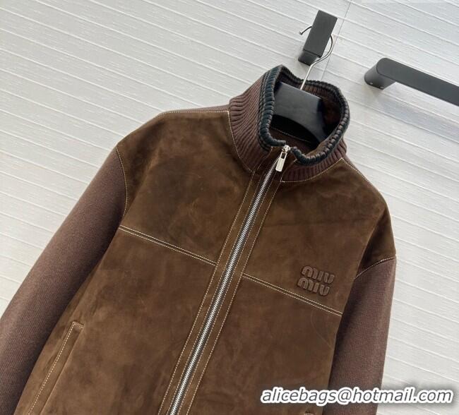 Super Quality Miu Miu Sheepskin Suede and Knit Jacket 0814 Dark Brown 2025