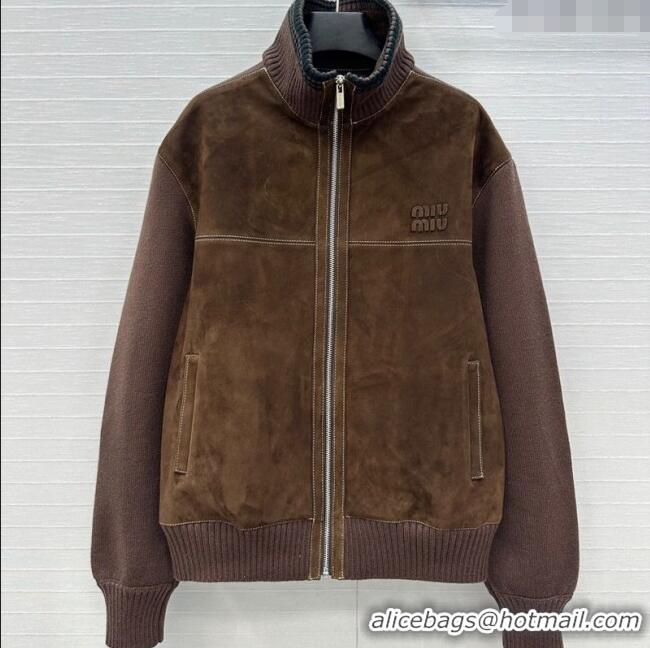Super Quality Miu Miu Sheepskin Suede and Knit Jacket 0814 Dark Brown 2025