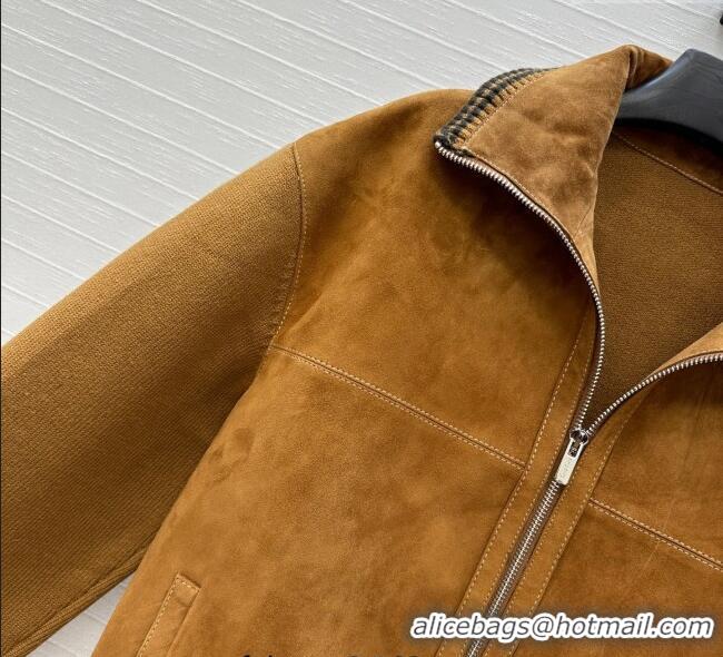 Big Discount Miu Miu Sheepskin Suede and Knit Jacket 0814 Tan Brown 2025