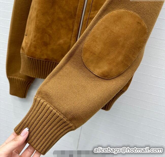 Big Discount Miu Miu Sheepskin Suede and Knit Jacket 0814 Tan Brown 2025