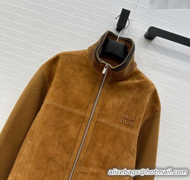 Big Discount Miu Miu Sheepskin Suede and Knit Jacket 0814 Tan Brown 2025