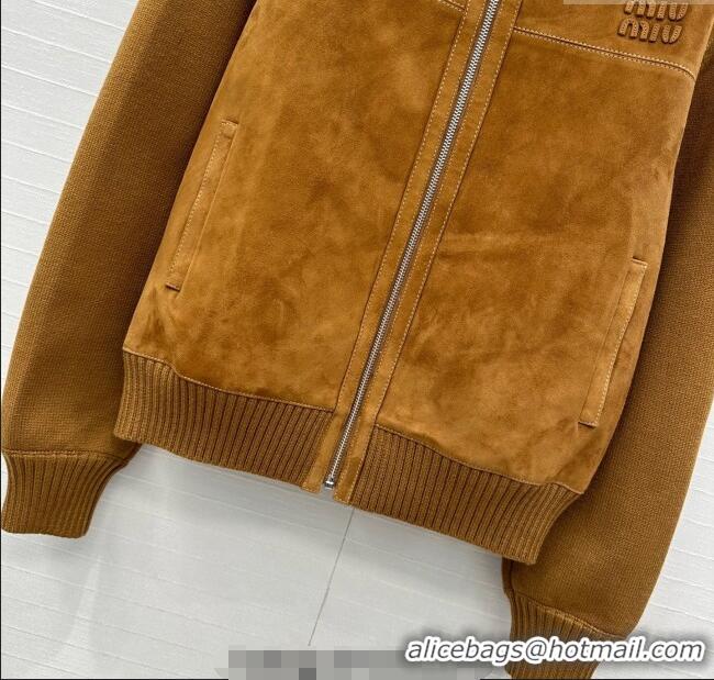 Big Discount Miu Miu Sheepskin Suede and Knit Jacket 0814 Tan Brown 2025