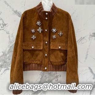 Super Quality Miu Miu Sheepskin Suede Jacket with Strass 0814 Tan Brown 2025