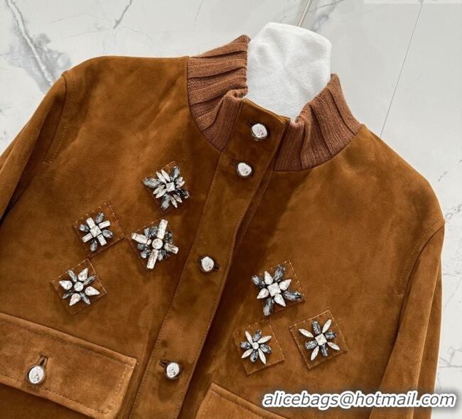Super Quality Miu Miu Sheepskin Suede Jacket with Strass 0814 Tan Brown 2025