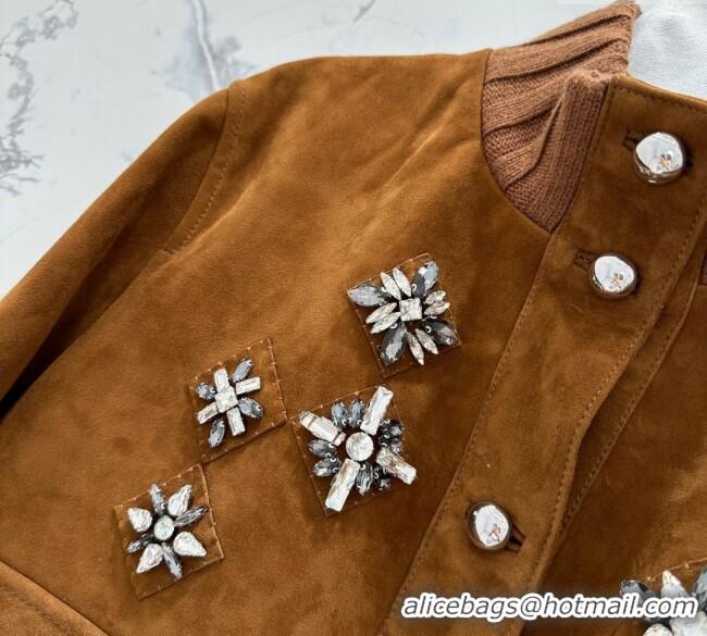 Super Quality Miu Miu Sheepskin Suede Jacket with Strass 0814 Tan Brown 2025