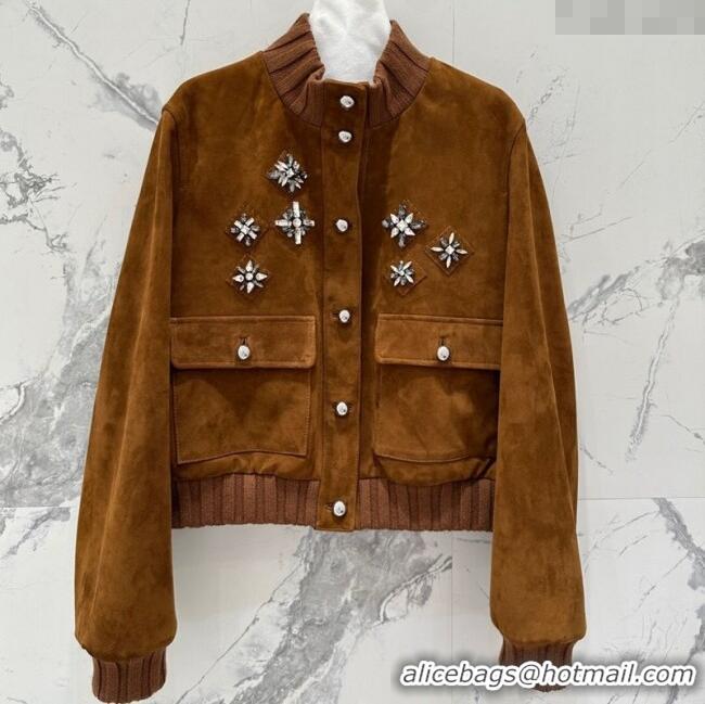 Super Quality Miu Miu Sheepskin Suede Jacket with Strass 0814 Tan Brown 2025
