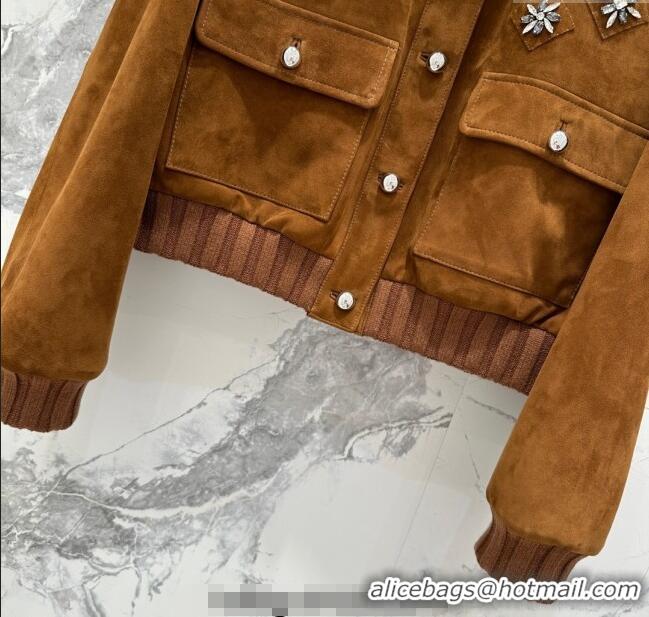 Super Quality Miu Miu Sheepskin Suede Jacket with Strass 0814 Tan Brown 2025