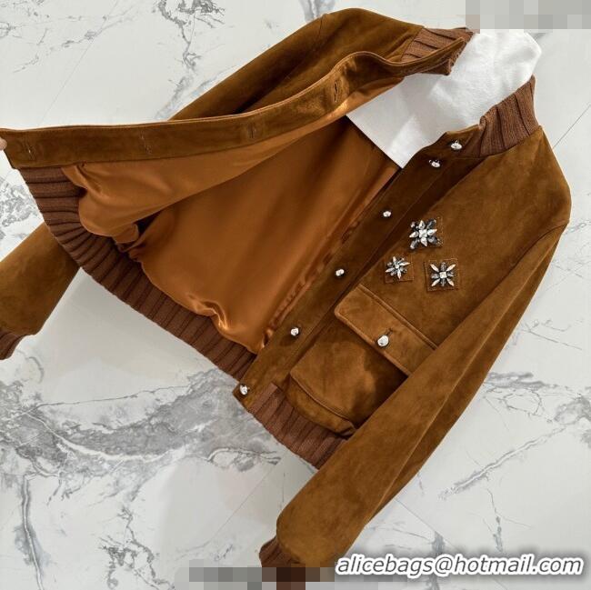 Super Quality Miu Miu Sheepskin Suede Jacket with Strass 0814 Tan Brown 2025