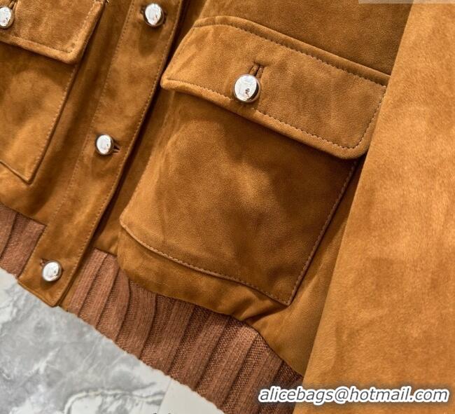 Super Quality Miu Miu Sheepskin Suede Jacket with Strass 0814 Tan Brown 2025