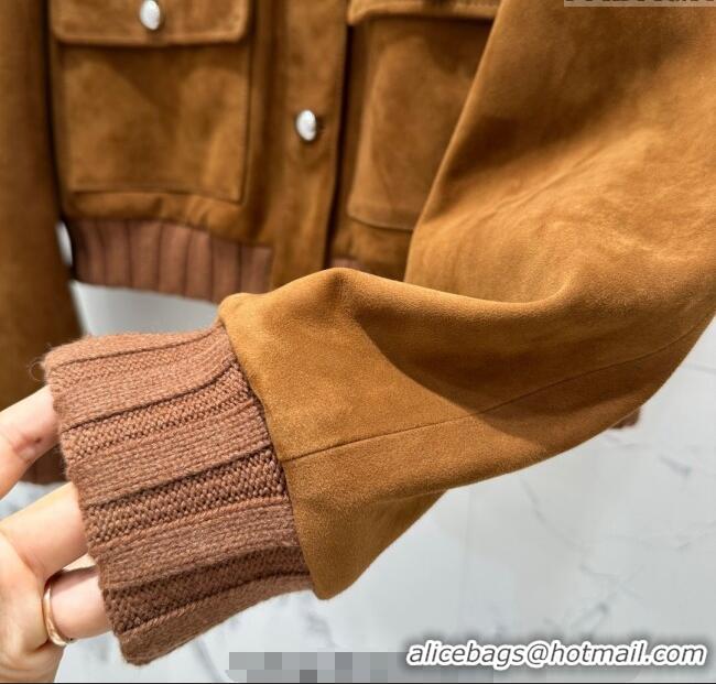 Super Quality Miu Miu Sheepskin Suede Jacket with Strass 0814 Tan Brown 2025