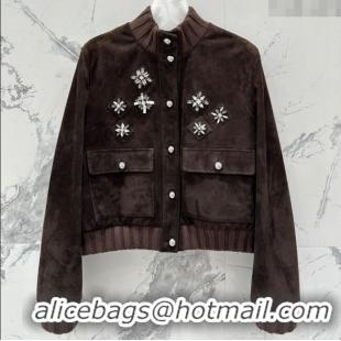 Luxury Cheap Miu Miu Sheepskin Suede Jacket with Strass 0814 Dark Brown 2025