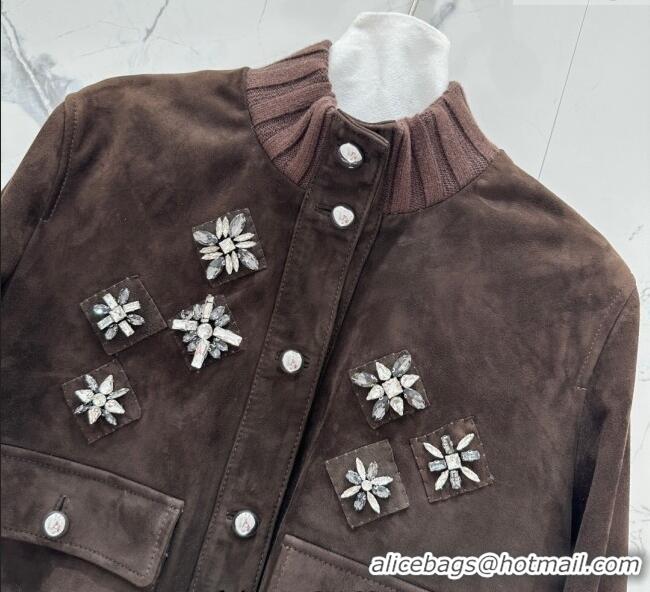 Luxury Cheap Miu Miu Sheepskin Suede Jacket with Strass 0814 Dark Brown 2025