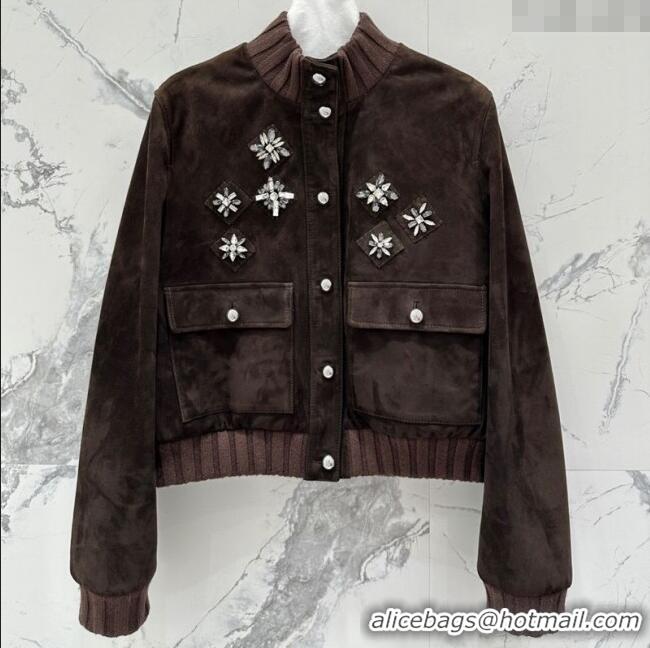 Luxury Cheap Miu Miu Sheepskin Suede Jacket with Strass 0814 Dark Brown 2025