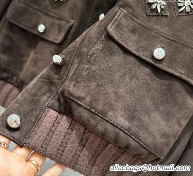 Luxury Cheap Miu Miu Sheepskin Suede Jacket with Strass 0814 Dark Brown 2025