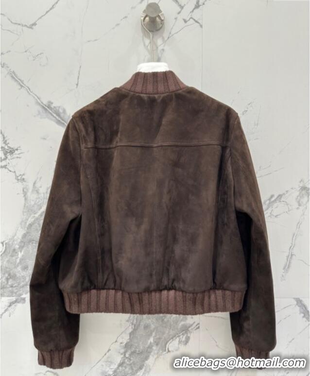 Luxury Cheap Miu Miu Sheepskin Suede Jacket with Strass 0814 Dark Brown 2025