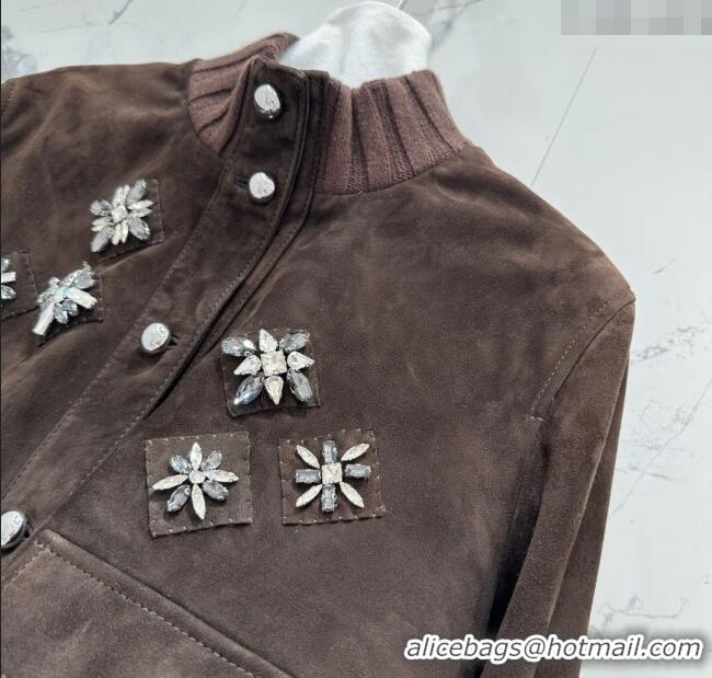 Luxury Cheap Miu Miu Sheepskin Suede Jacket with Strass 0814 Dark Brown 2025