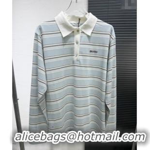 Buy Cheapest Miu Miu Striped Polo Shirt 0814 Dusty Blue 2025