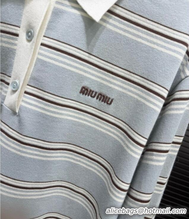Buy Cheapest Miu Miu Striped Polo Shirt 0814 Dusty Blue 2025