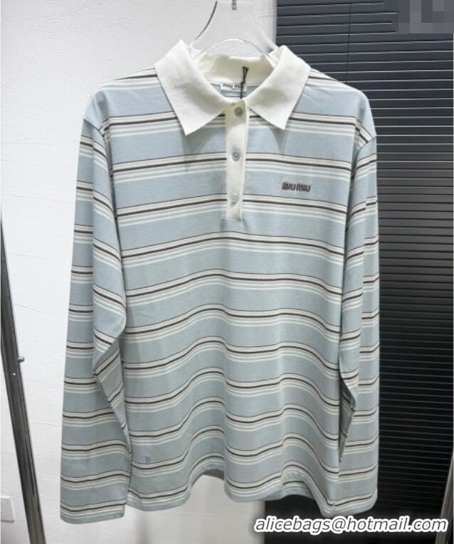 Buy Cheapest Miu Miu Striped Polo Shirt 0814 Dusty Blue 2025